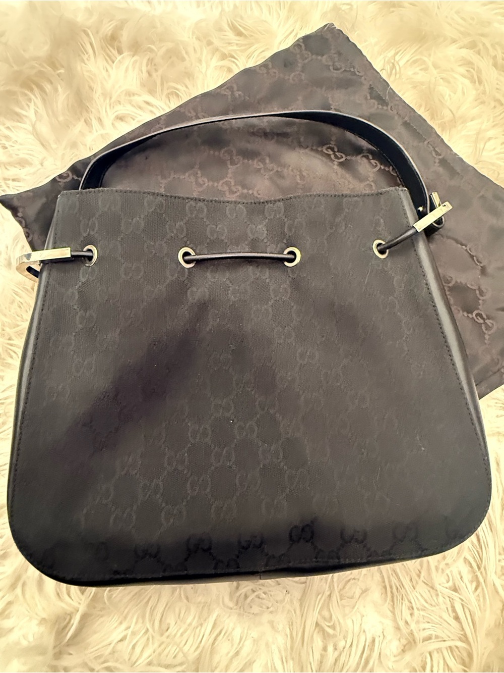 Gucci Black Monogram Shoulder Bag with Silver Tone Accents